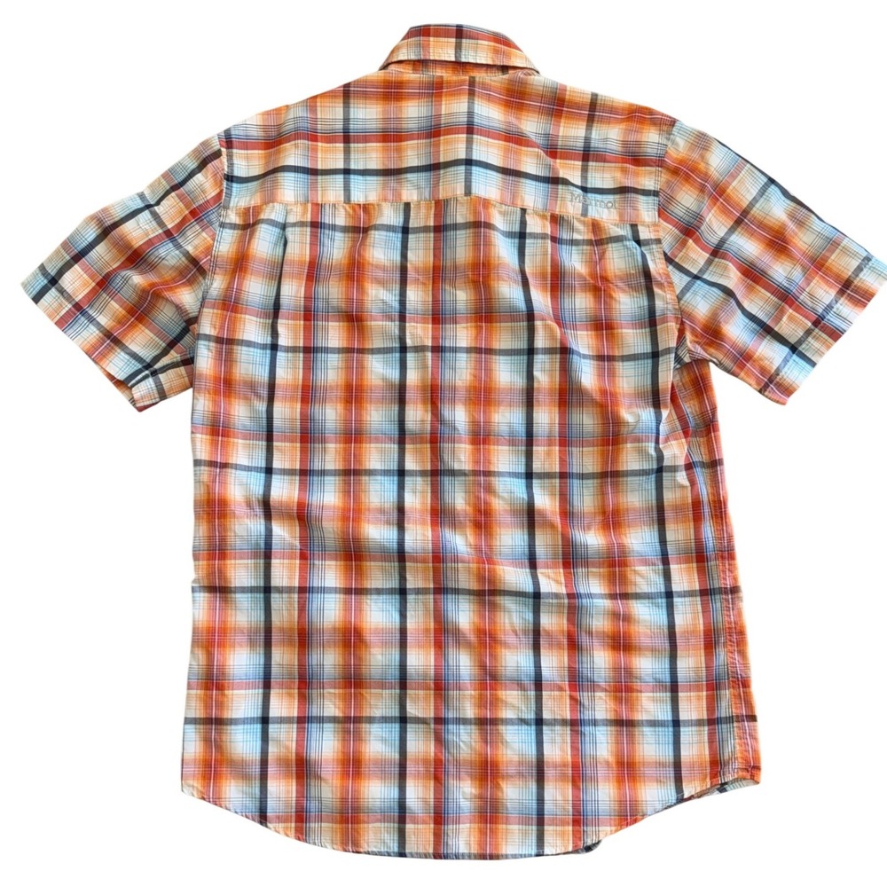 Marmot Mens Small Orange Blue Plaid Short Sleeve Button Down Hiking Shirt - Picture 2 of 6